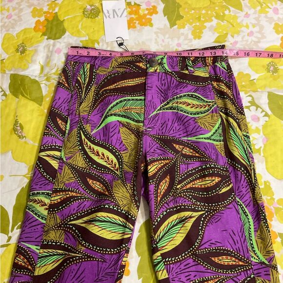 Zara Linen High Waisted Hi Rise Flare Patterned Pants Small - Picture 10 of 14